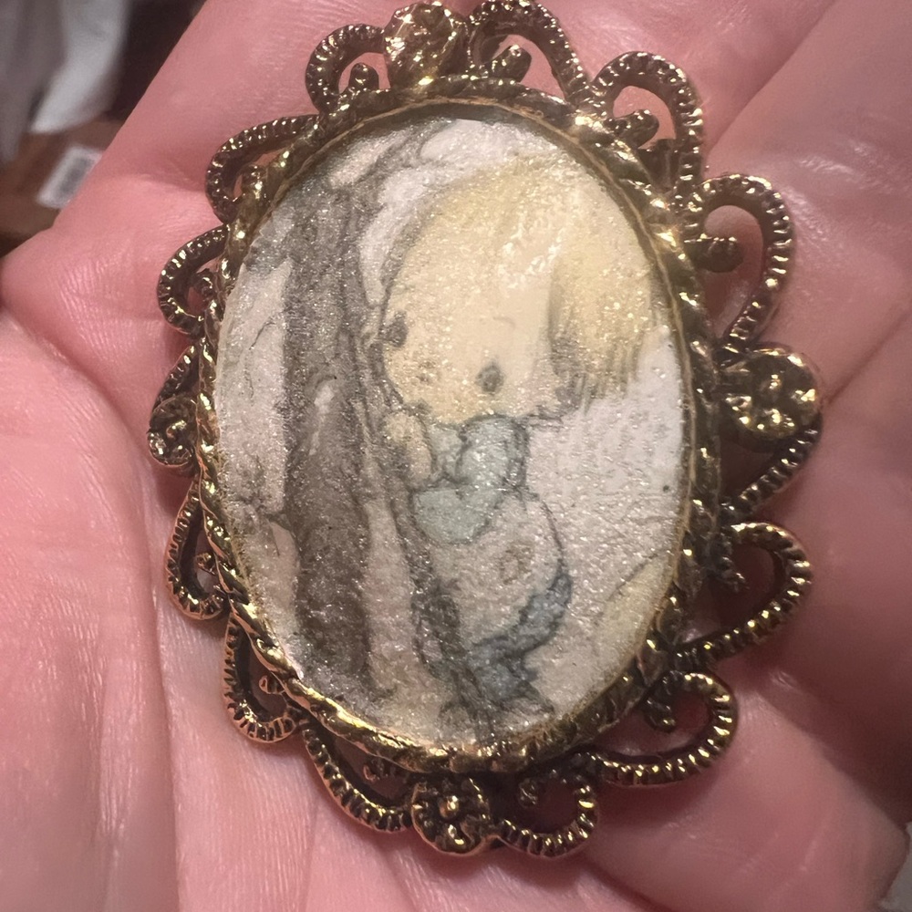 Vintage Gold Brooch with Illustration